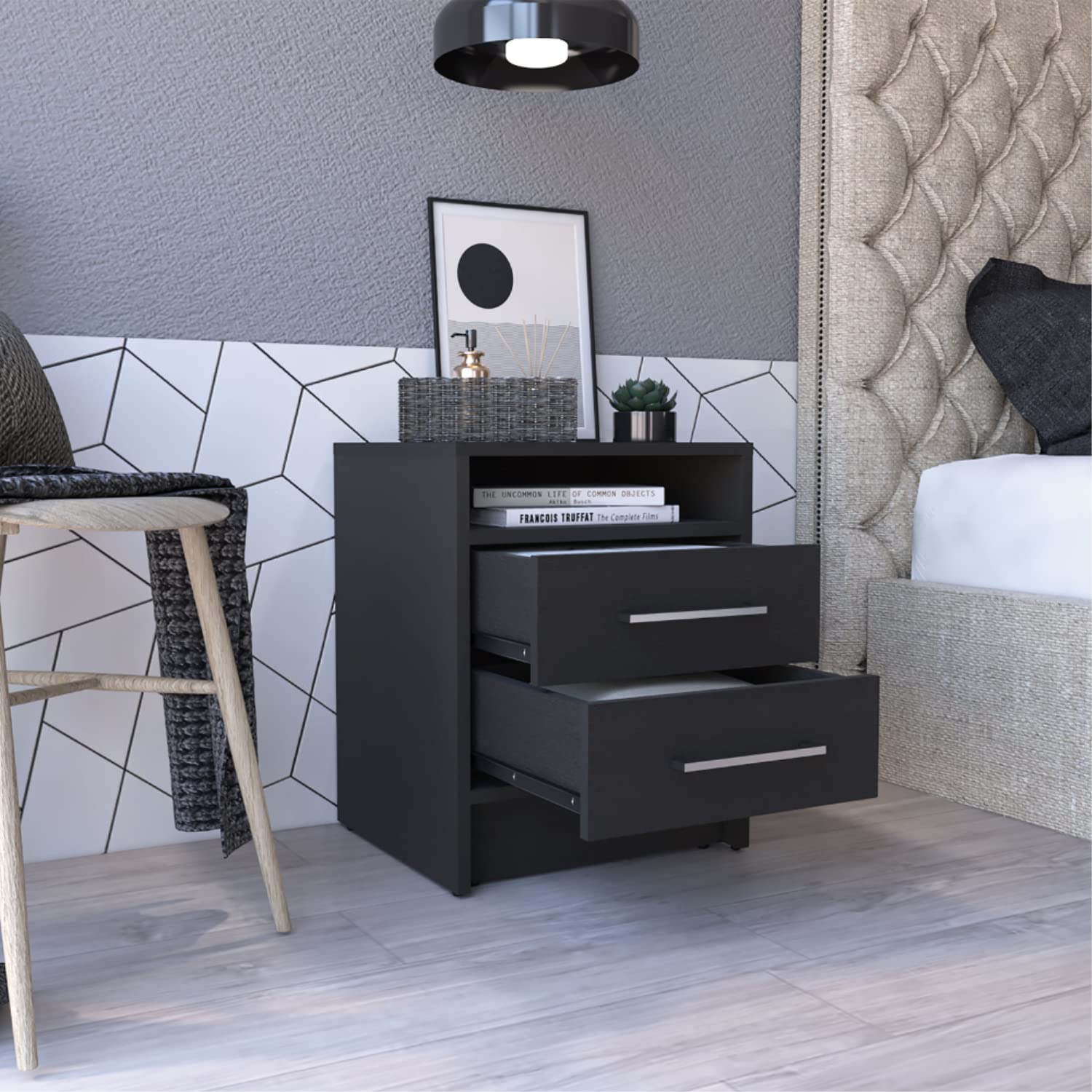 Nightstand 20" H, 2 Drawers, Superior Top, Metal Handles, Black
